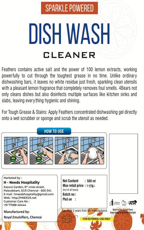 Feathers Magic Dishwash – 500ml | Tough on Grease, Gentle on Hands | Lemon Fresh